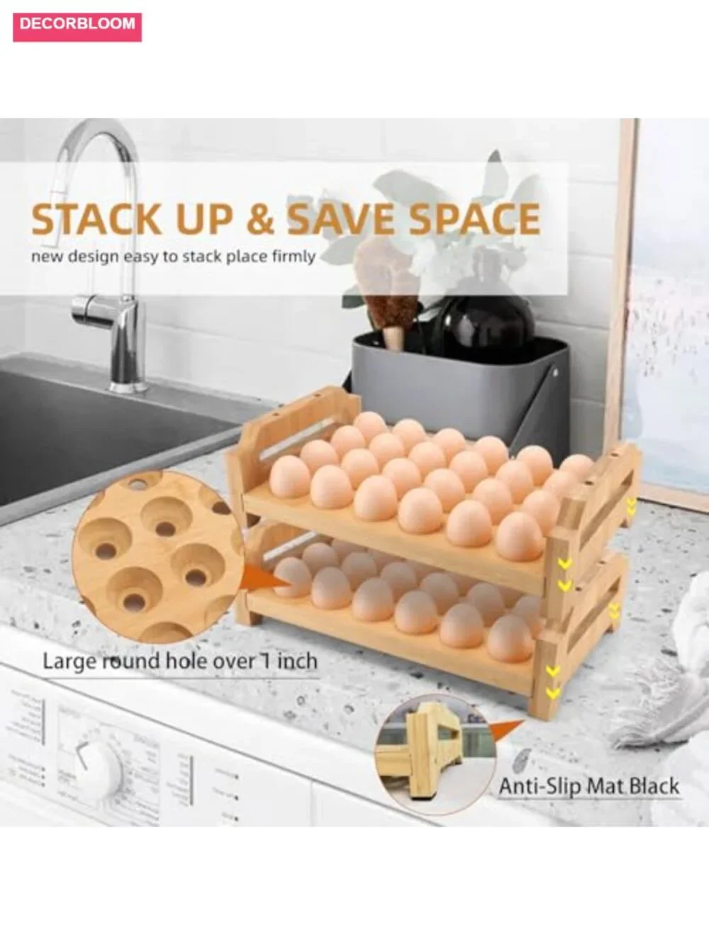 48 Egg Holder Countertop 2-Tier Stackable Bamboo Egg Tray with Anti-Slip Pads